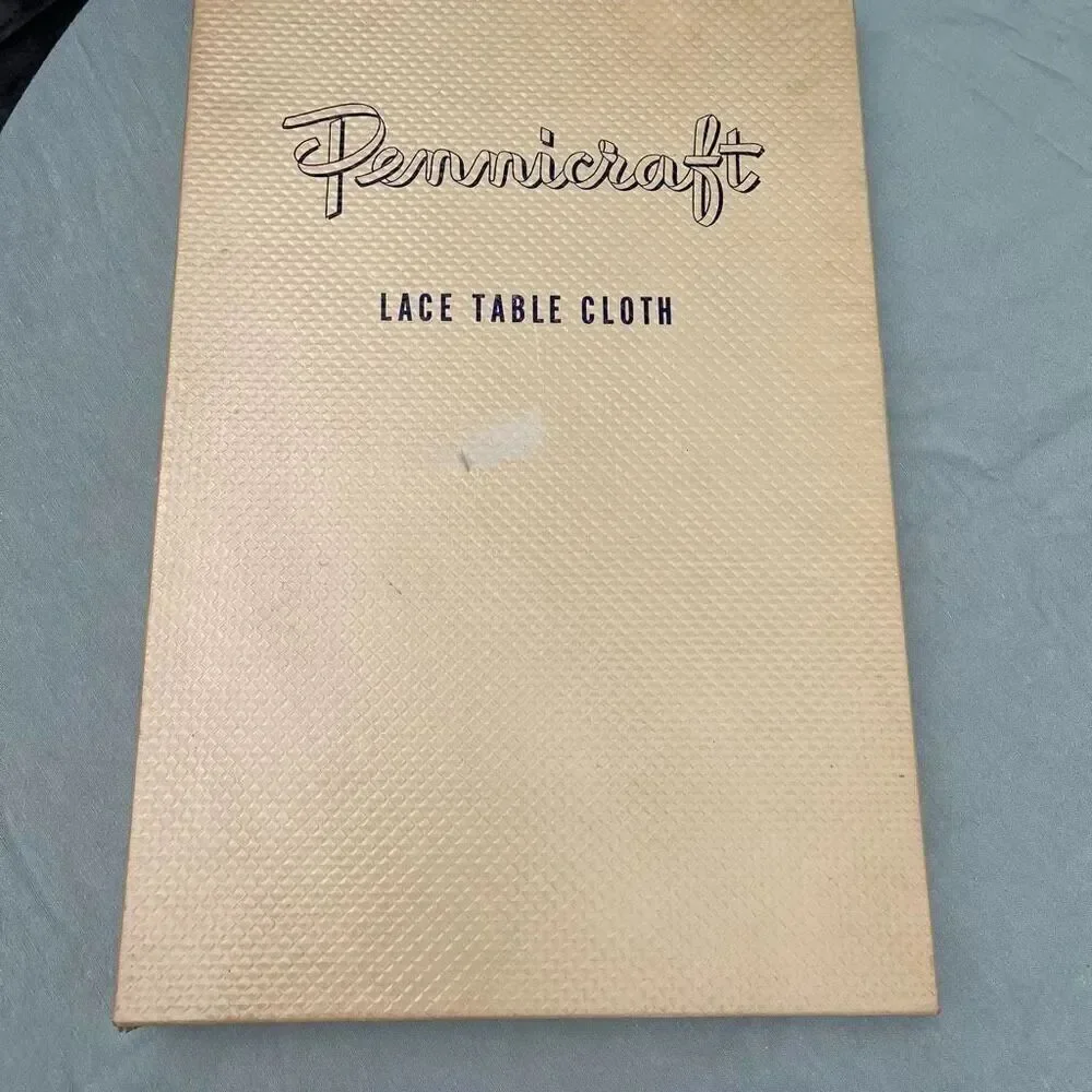 Vintage Pennicraft cream tan colored lace table cloth rectangle 84” x 64”.